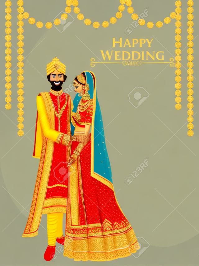 Noiva indiana e noivo no vestido étnico Lengha e Serwani para o dia do casamento.