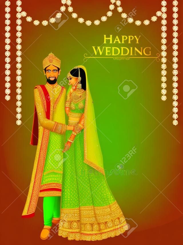 Los novios indios en traje étnico Lengha y Serwani para el día de la boda. Ilustración vectorial
