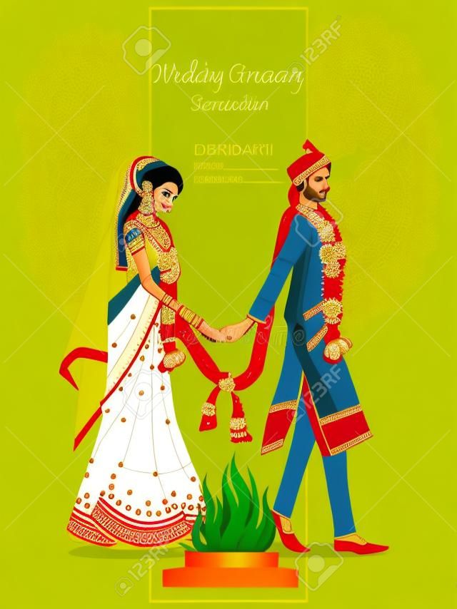 Indyjska panna młoda i pan młody w etnicznej sukni Lengha i Serwani na ślub. Ilustracja wektorowa