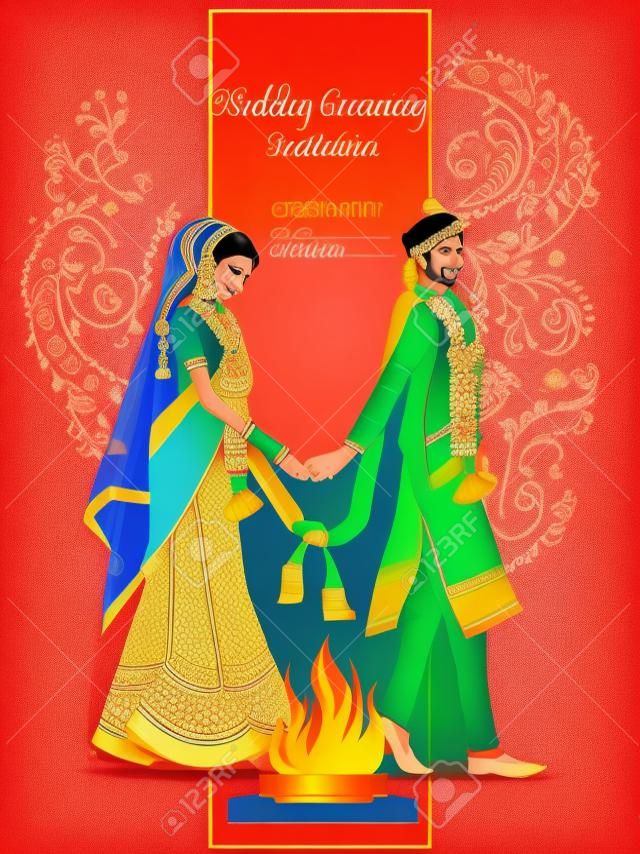 Los novios indios en traje étnico Lengha y Serwani para el día de la boda. Ilustración vectorial