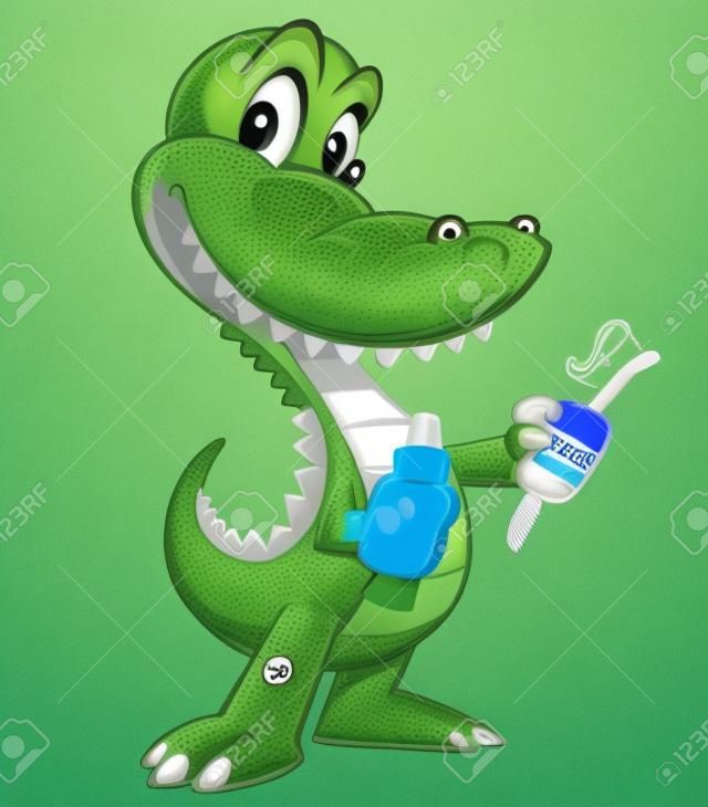 Sympathetic crocodile, has a toothbrush and a tube of toothpaste
