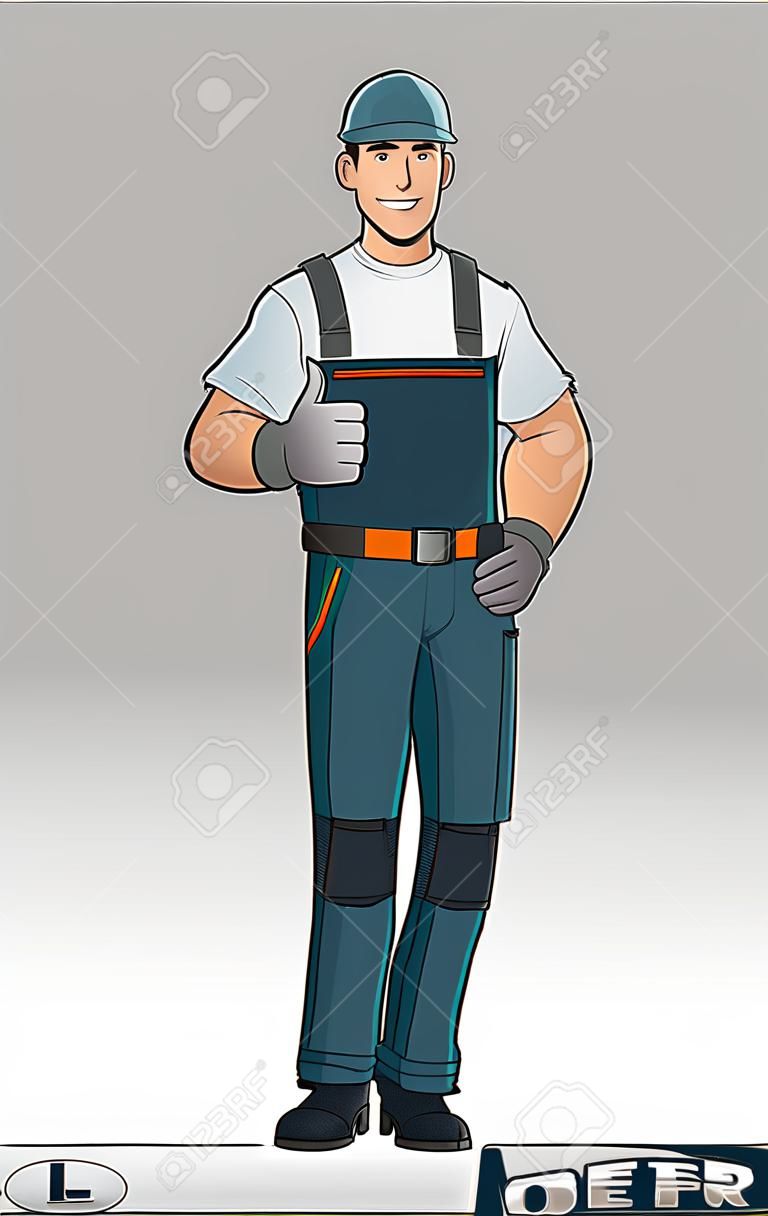 Homem vestido com roupas de trabalho, o homem leva diferentes elementos de proteção