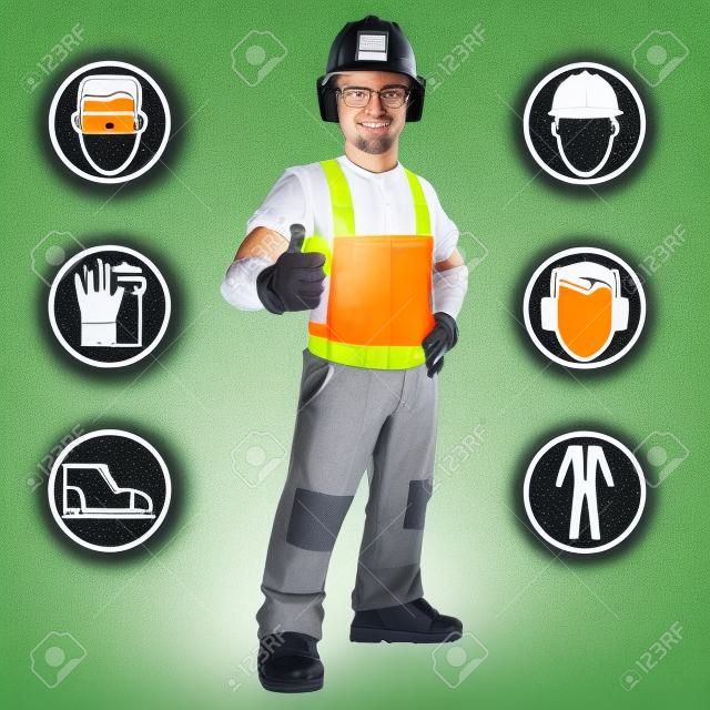 Человек, одетый в рабочую одежду, и безопасность на рабочих признаков