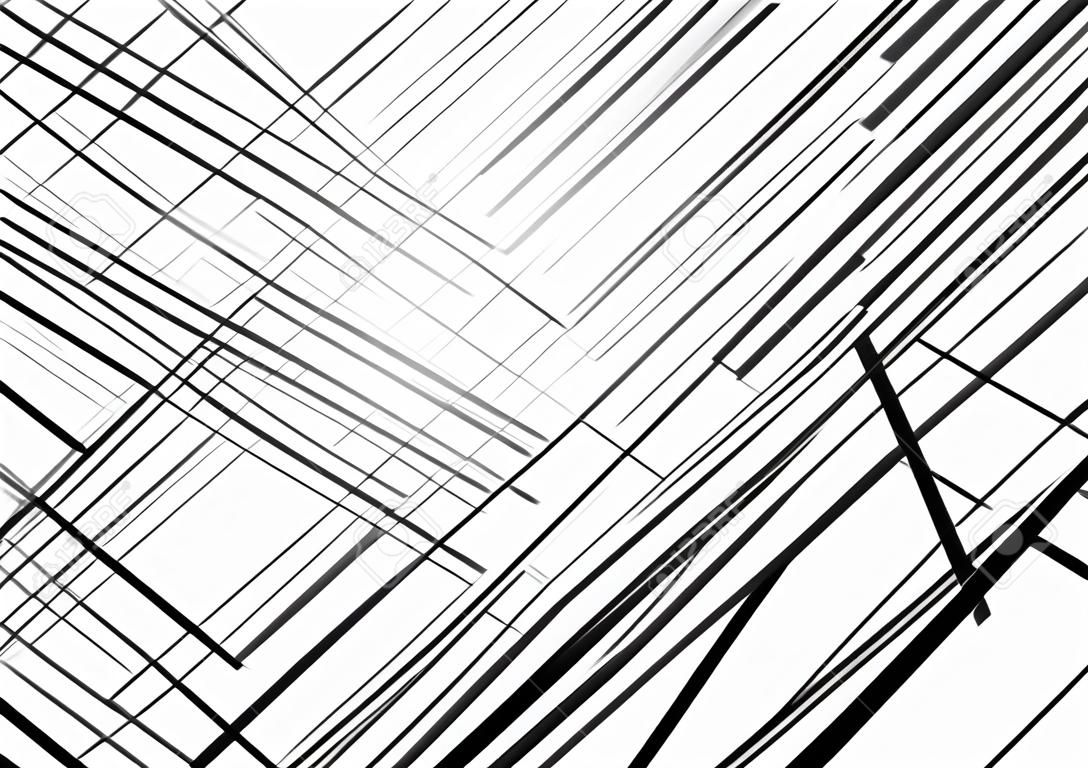 Estructura geométrica, red, revoltijo caótico de líneas rectas y angulares que se cruzan. Rejilla aleatoria abstracta, malla. Escala de grises, textura en blanco y negro, patrón, fondo y telón de fondo