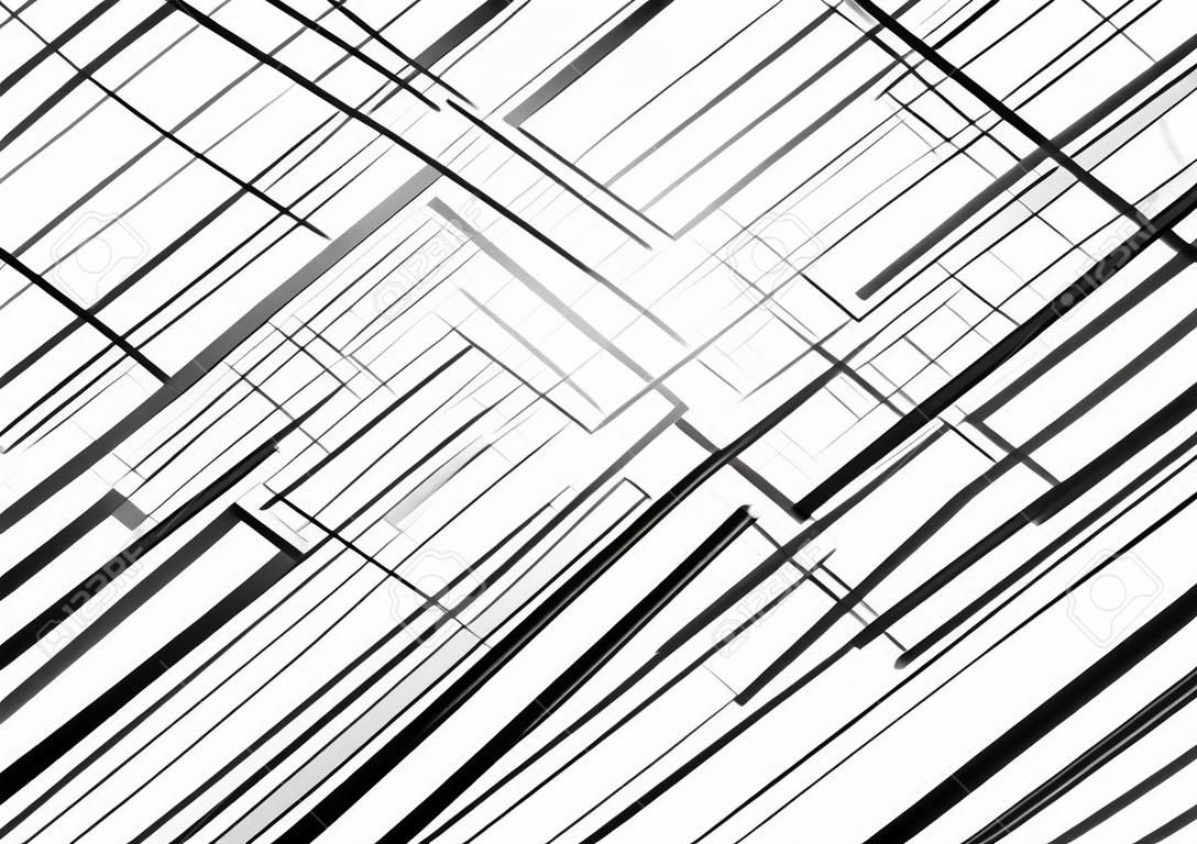 Estructura geométrica, red, revoltijo caótico de líneas rectas y angulares que se cruzan. Rejilla aleatoria abstracta, malla. Escala de grises, textura en blanco y negro, patrón, fondo y telón de fondo