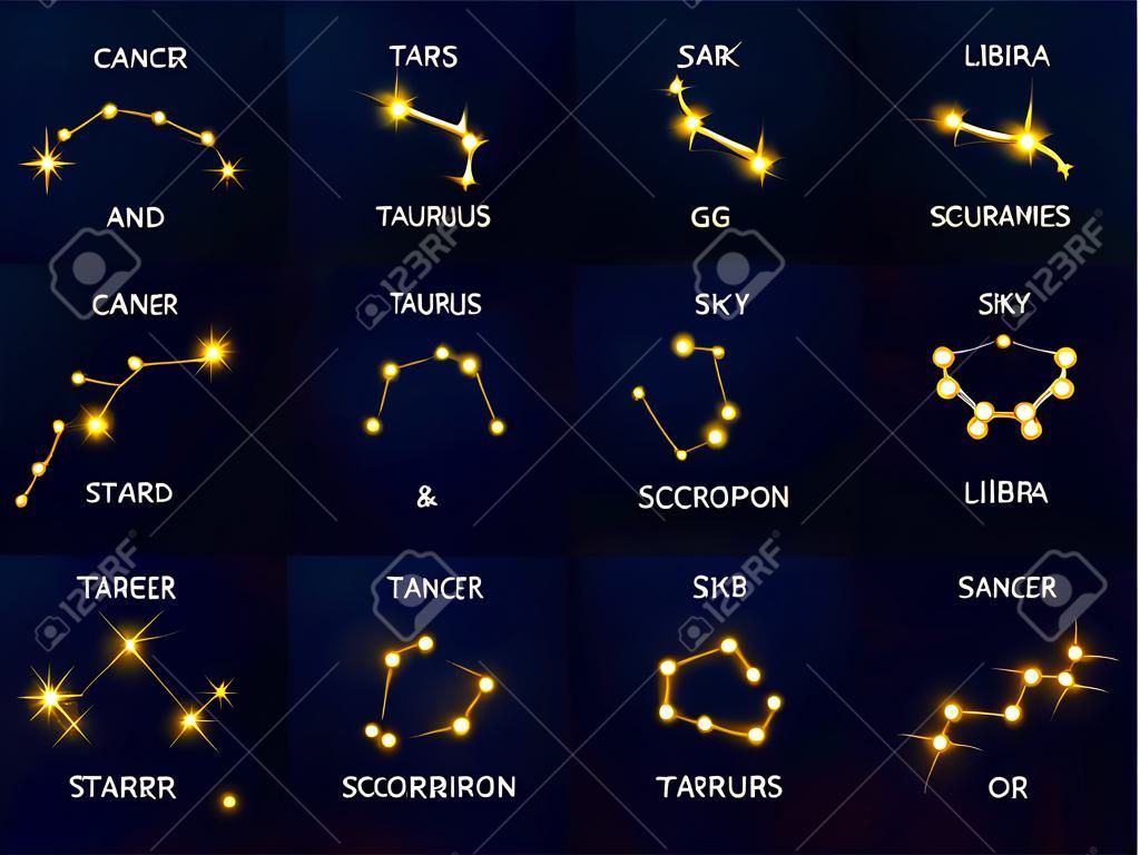 Shining zodiac signs constellations. Astronomical stars symbols. Cancer and Scorpion icons. Glowing Libra and Taurus on sky. Astrological starry schemes. Vector horoscope elements set