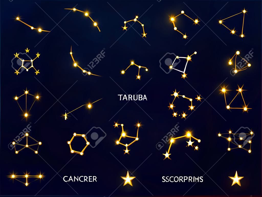 Shining zodiac signs constellations. Astronomical stars symbols. Cancer and Scorpion icons. Glowing Libra and Taurus on sky. Astrological starry schemes. Vector horoscope elements set