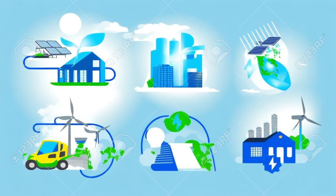 代替エネルギータイプ。さまざまな電源。太陽、水、風力エネルギー。発電。発電工場。エコテクノロジー。ベクター再生可能資源セット