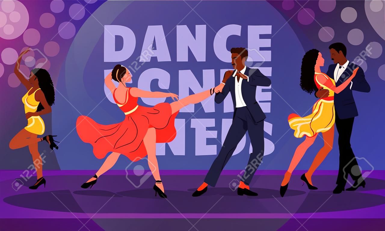 Dance contest. Contemporary choreography competitions. Ballroom dancing. Guys and girls with participant numbers. Tango or bachata tournament. Dancers performance. Garish vector concept