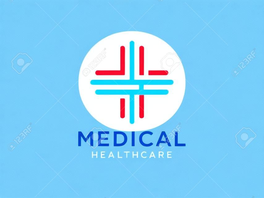 Modern Healthcare Medical Logo. Blue Geometric Linear Rounded Cross Sign Health Icon Infinity Style isolated on White Background. Flat Vector Logo Design Template Element