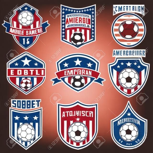 Set di etichette della squadra di calcio americano. Emblemi con palle da calcio. Illustrazione vettoriale