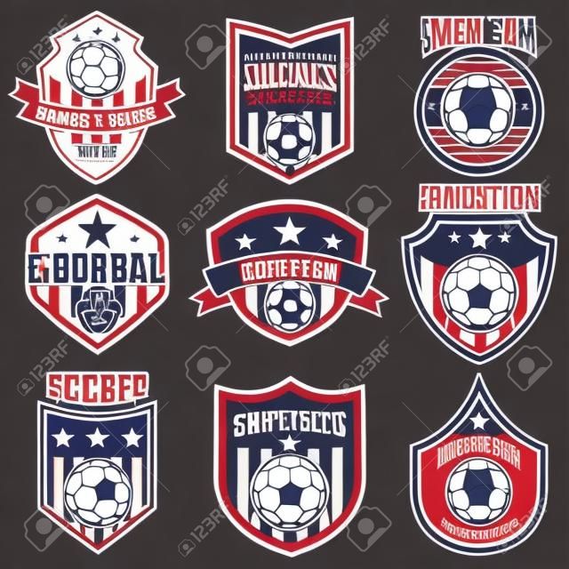 Zestaw etykiet drużyny piłki nożnej amerykańskiej. Emblematy z piłkami piłkarskimi. Ilustracja wektorowa