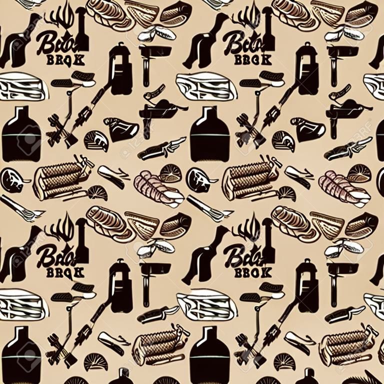 BBQ and Grill seamless pattern. Grilled meat, kitchen tools. Design element for poster, wrapping paper. Vector illustration