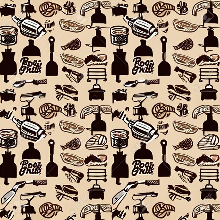 BBQ und Grill nahtlose Muster. Gegrilltes Fleisch, Küchengeräte. Gestaltungselement für Poster, Geschenkpapier. Vektor-Illustration