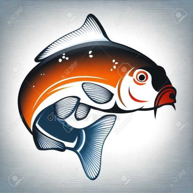 Pesce carpa isolato su sfondo bianco. Elemento di design per logo, emblema, segno, marchio. Illustrazione vettoriale
