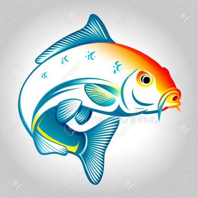 Karpfenfische lokalisiert auf weißem Hintergrund. Gestaltungselement für Logo, Emblem, Zeichen, Markenzeichen. Vektor-Illustration