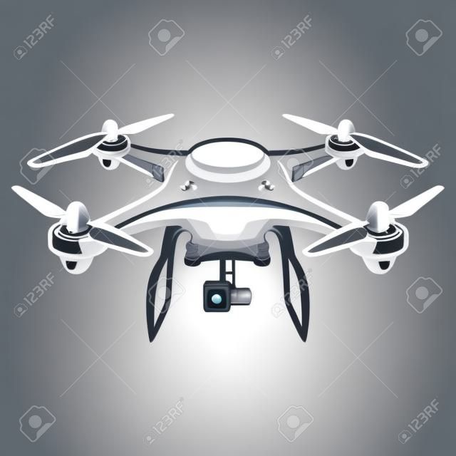 A Drone illustration isolated on white background. Quadcopter icon. Design element for logo, label, emblem, sign. Vector illustration