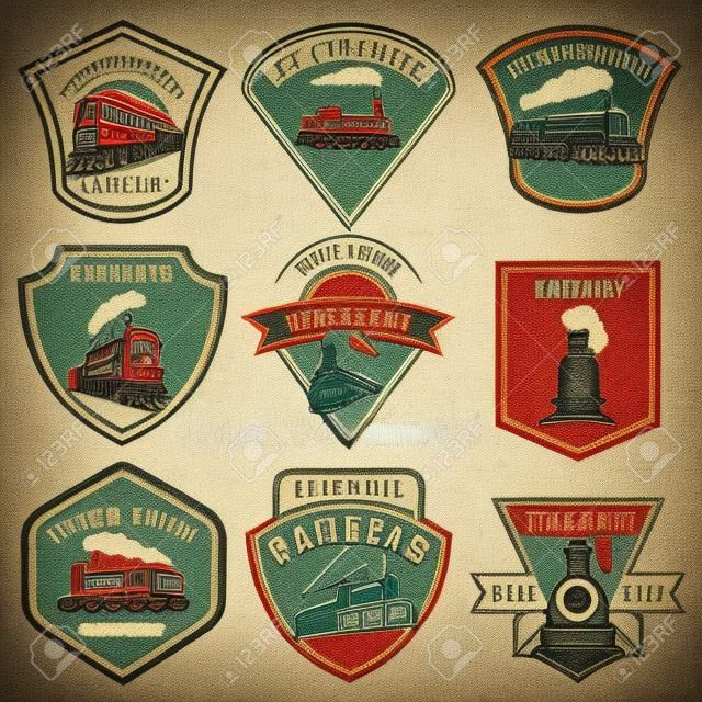 Set of emblems with vintage train. Retro rail road.  Design element for logo, label, emblem, sign, badge. Vector illustration
