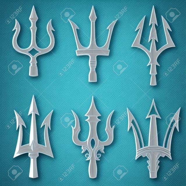 Set of trident icons isolated on white background. Design elements for logo, label, emblem, sign.