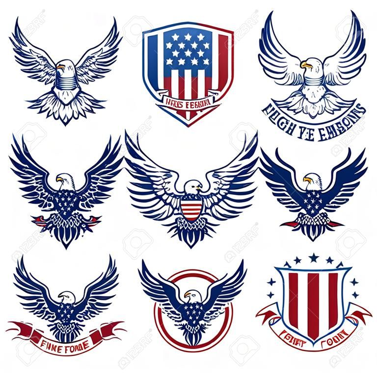 Set of emblems with eagles and american flags. Design elements for logo, label, emblem, sign. Vector illustration