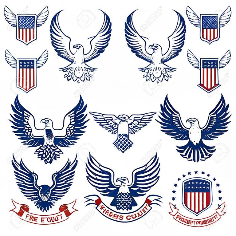 Zestaw godła z orły i flagi amerykańskie. Elementy projektu na logo, etykiecie, godło, znak. Ilustracji wektorowych