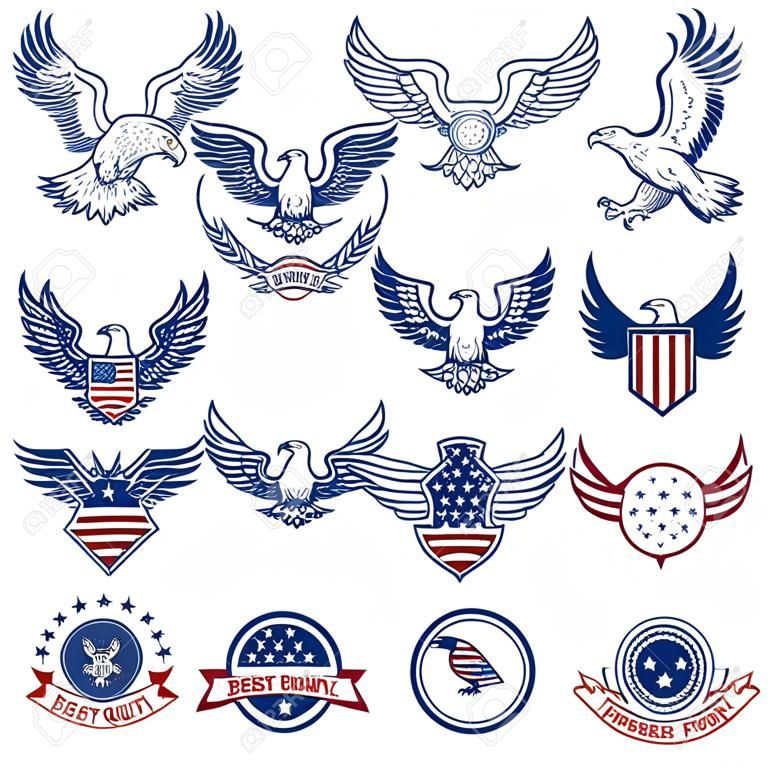 Set di emblemi con aquile e bandiere americane. Elementi di design per logo, etichetta, emblema, segno. Illustrazione vettoriale