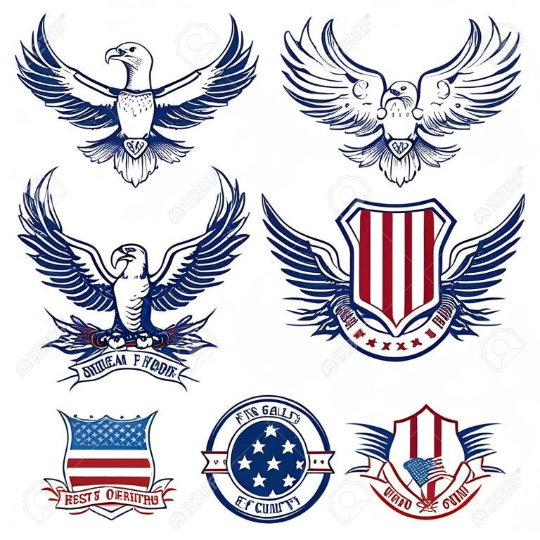 Ensemble d'emblèmes avec des aigles et des drapeaux américains. Éléments de design pour logo, étiquette, emblème, signe. Illustration vectorielle