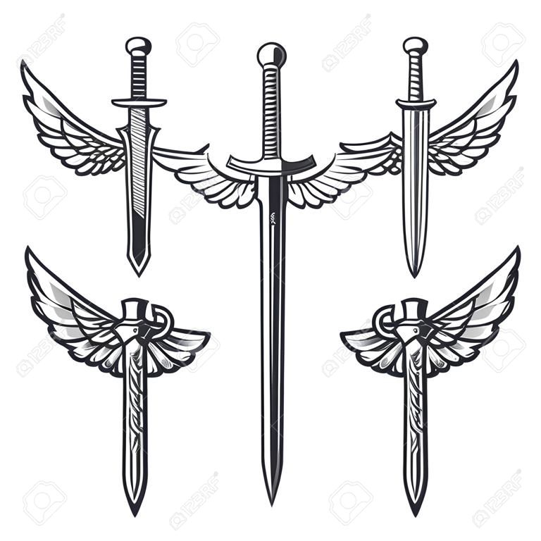 Conjunto de espadas com asas. Elementos de design para logotipo, etiqueta, emblema, sinal. Ilustração vetorial