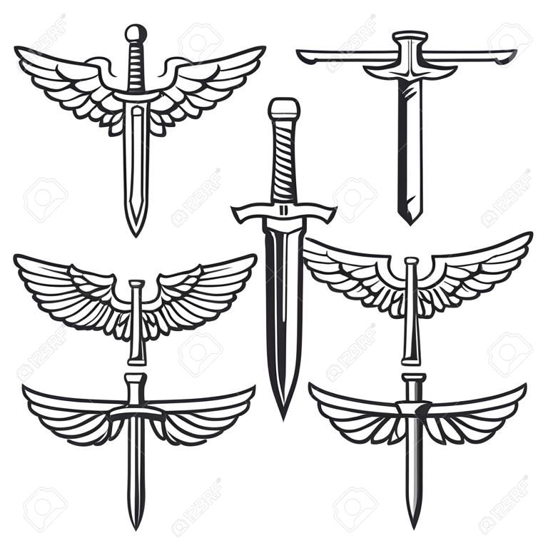 Conjunto de espadas com asas. Elementos de design para logotipo, etiqueta, emblema, sinal. Ilustração vetorial