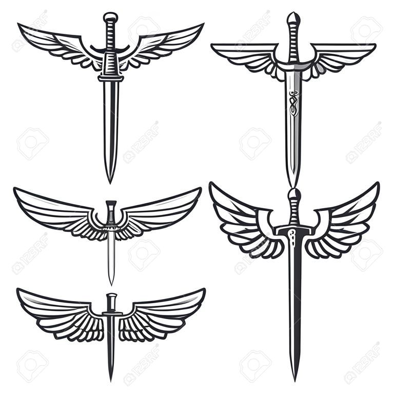 Ensemble d'épées avec des ailes. Éléments de design pour logo, étiquette, emblème, signe. Illustration vectorielle