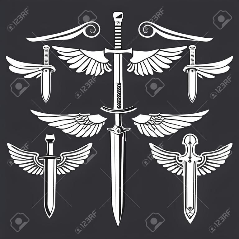 Ensemble d'épées avec des ailes. Éléments de design pour logo, étiquette, emblème, signe. Illustration vectorielle