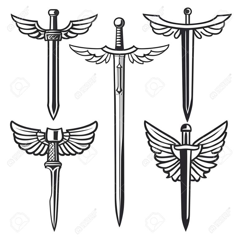 Set of swords with wings. Design elements for logo, label, emblem, sign. Vector illustration