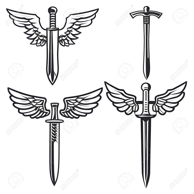 套有翼的劍。徽標，標籤，標誌，標誌的設計元素。傳染媒介例證