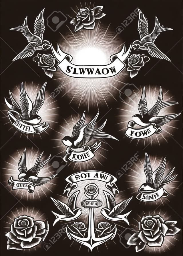 Set of swallow tattoo. Vintage anchor and roses. Design element for logo, label, emblem, sign. Vector illustration
