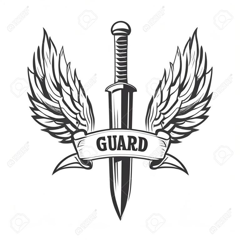 Guardia. Espada medieval con alas. Elemento de diseño para logotipo, etiqueta, emblema, signo, insignia. Ilustración vectorial