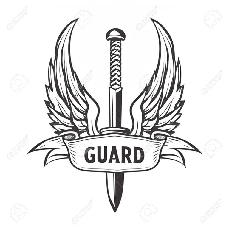 Guard. Medieval sword with wings. Design element for logo, label, emblem, sign, badge. Vector illustration
