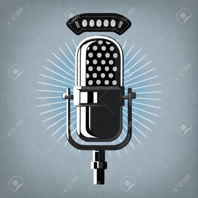 Podcast. Microfone retro isolado no fundo branco. Elemento de design para emblema, sinal, logotipo, labe. Ilustração vetorial
