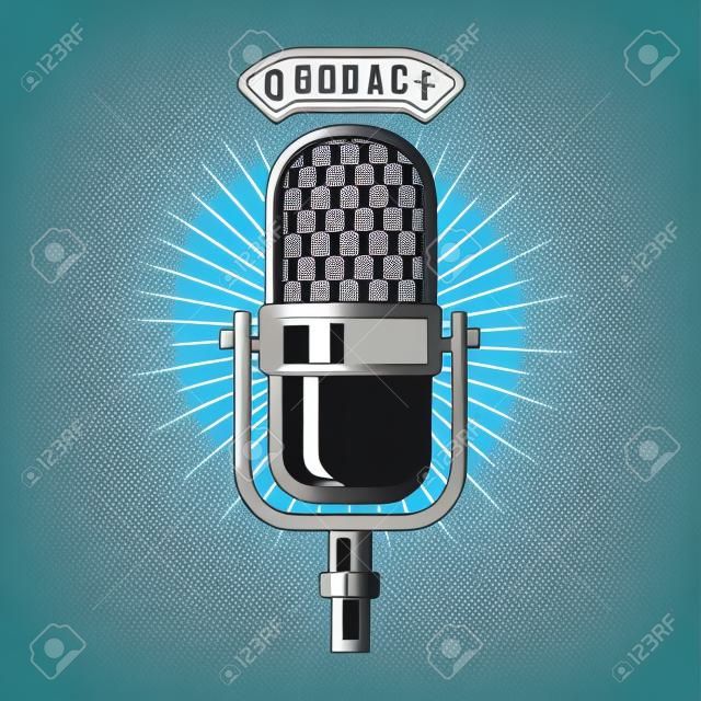 Podcast. Microfone retro isolado no fundo branco. Elemento de design para emblema, sinal, logotipo, labe. Ilustração vetorial