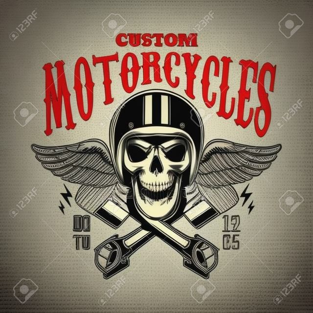カスタムオートバイ。翼を持つヘルメットとピストンのヴィンテージレーサーの頭蓋骨。ロゴ、ラベル、エンブレム、サイン、ポスターのデザイン要素。ベクトルの図