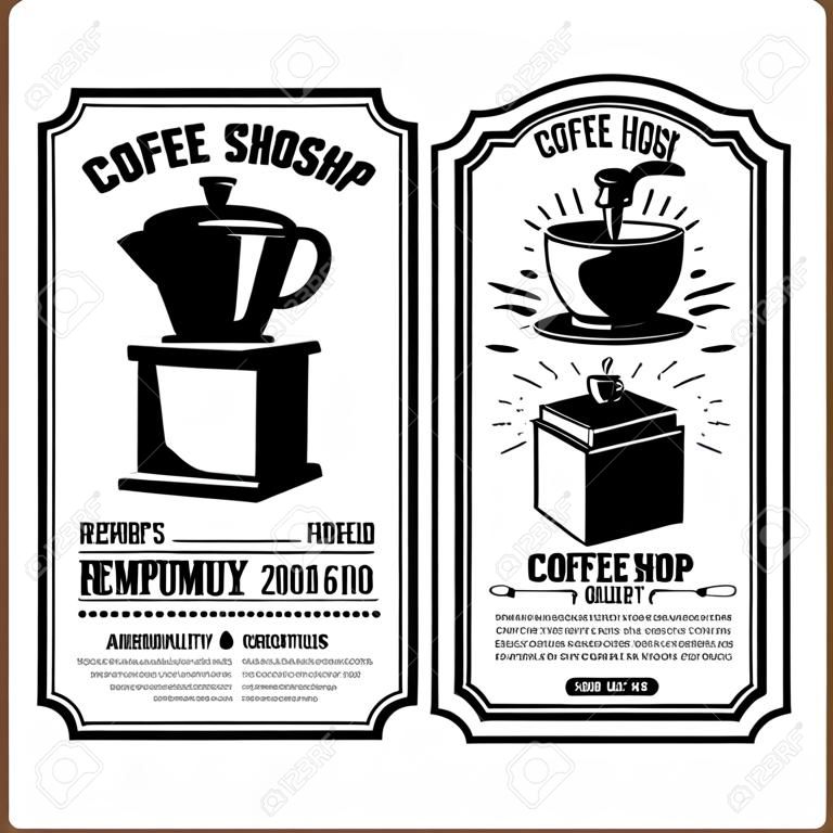 Modelli di volantini per caffetteria vintage. Elementi di design per logo, etichetta, segno, distintivo. Illustrazione vettoriale