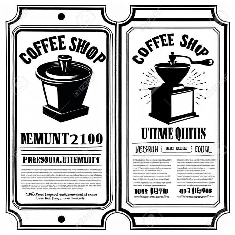 ヴィンテージコーヒーショップのチラシテンプレート。ロゴ、ラベル、記号、バッジのデザイン要素。ベクトルの図
