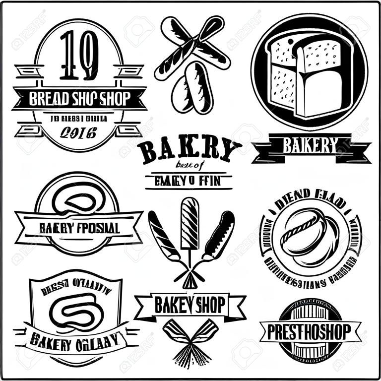 パン屋、パン屋のエンブレムセット。ロゴ、ラベル、看板、バナー、ポスターのデザイン要素。ベクトルの図