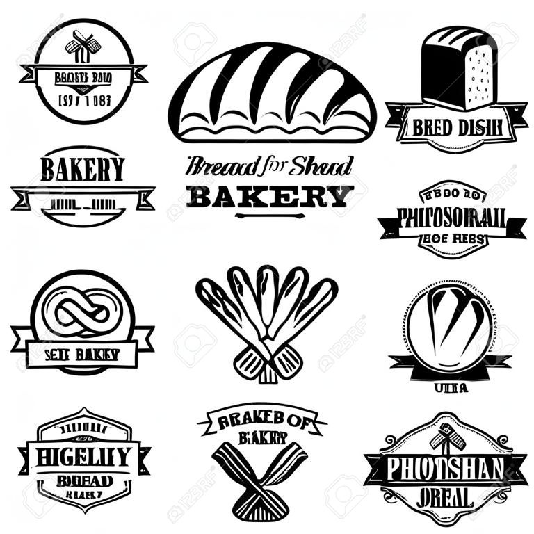 Zestaw herbów piekarnia, chleb sklep. Element projektu logo, etykieta, znak, baner, plakat. Ilustracja wektorowa