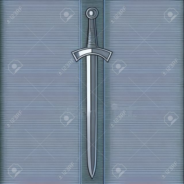 Illustration of medieval knight sword. Design element for poster, card, banner, sign. Vector illustration