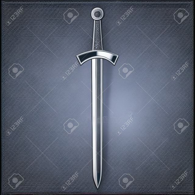 Illustration of medieval knight sword. Design element for poster, card, banner, sign. Vector illustration