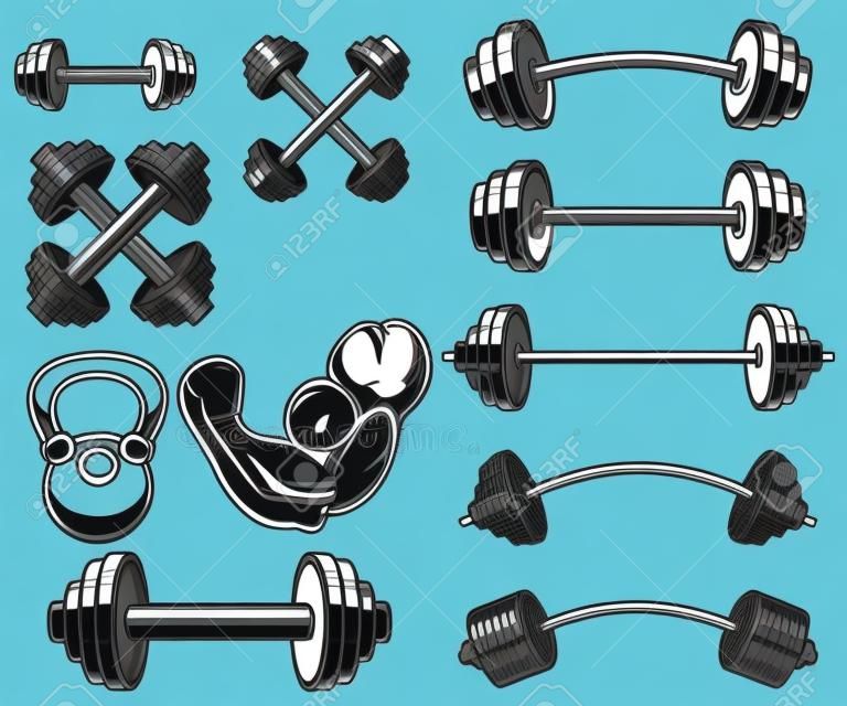 Set of illustrations of weightlifting barbells and dumbells . Design element for   label, sign, emblem, banner. Vector illustration