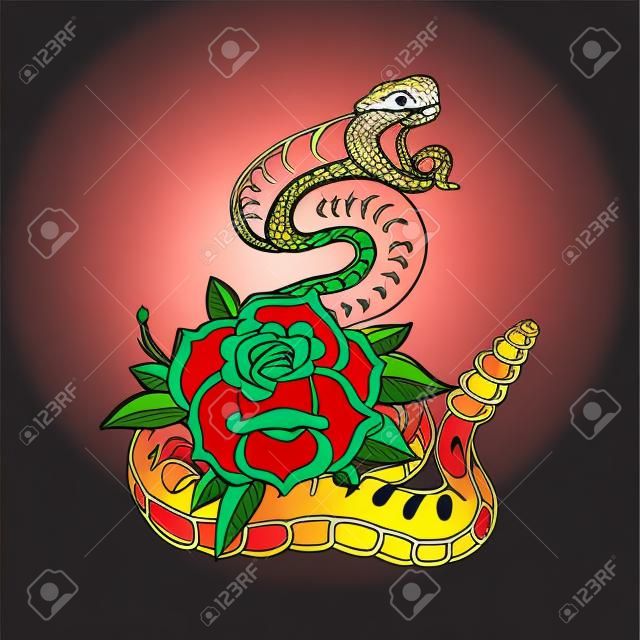 Serpente sullo sfondo con rose. elemento di design per poster, maglietta, carta, banner. illustrazione vettoriale
