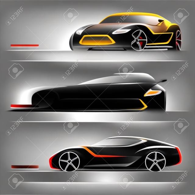 Set of modern car silhouettes. Sports car in three angles. Vector illustration