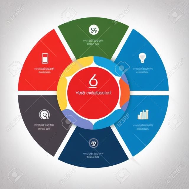 Vector infographic circle. Template voor grafiek, wielerdiagram, ronde grafiek, workflow lay-out, nummeropties, webdesign. 6 stappen, onderdelen, opties, fasen business concept