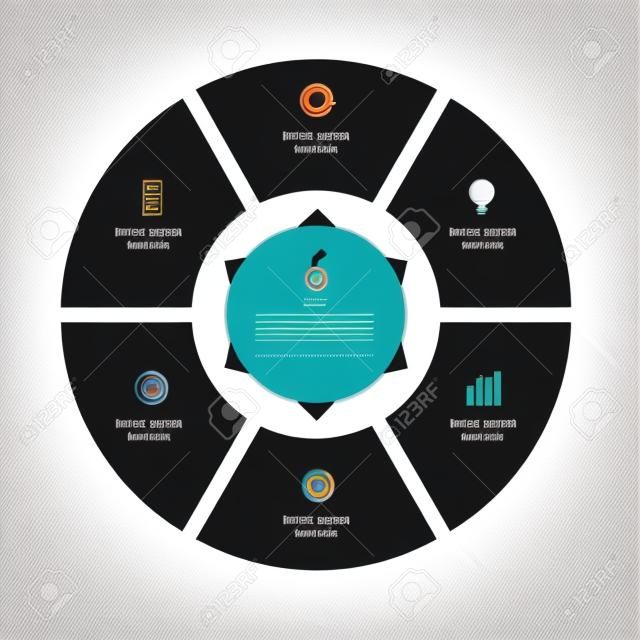 Вектор инфографики круг. Шаблон для графа, езда на велосипеде диаграмме, круглый графике, макет рабочего процесса, вариантов номер, веб-дизайна. 6 шагов, детали, дополнительные, этапы бизнес-концепцию